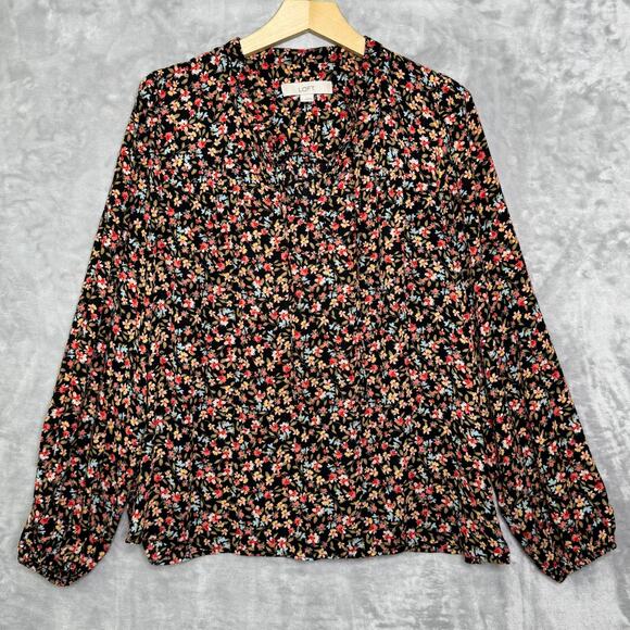 Loft Top Womens Large Black Ditsy Flower Print V Neck Long Balloon Sleeve Fall - Picture 1 of 12